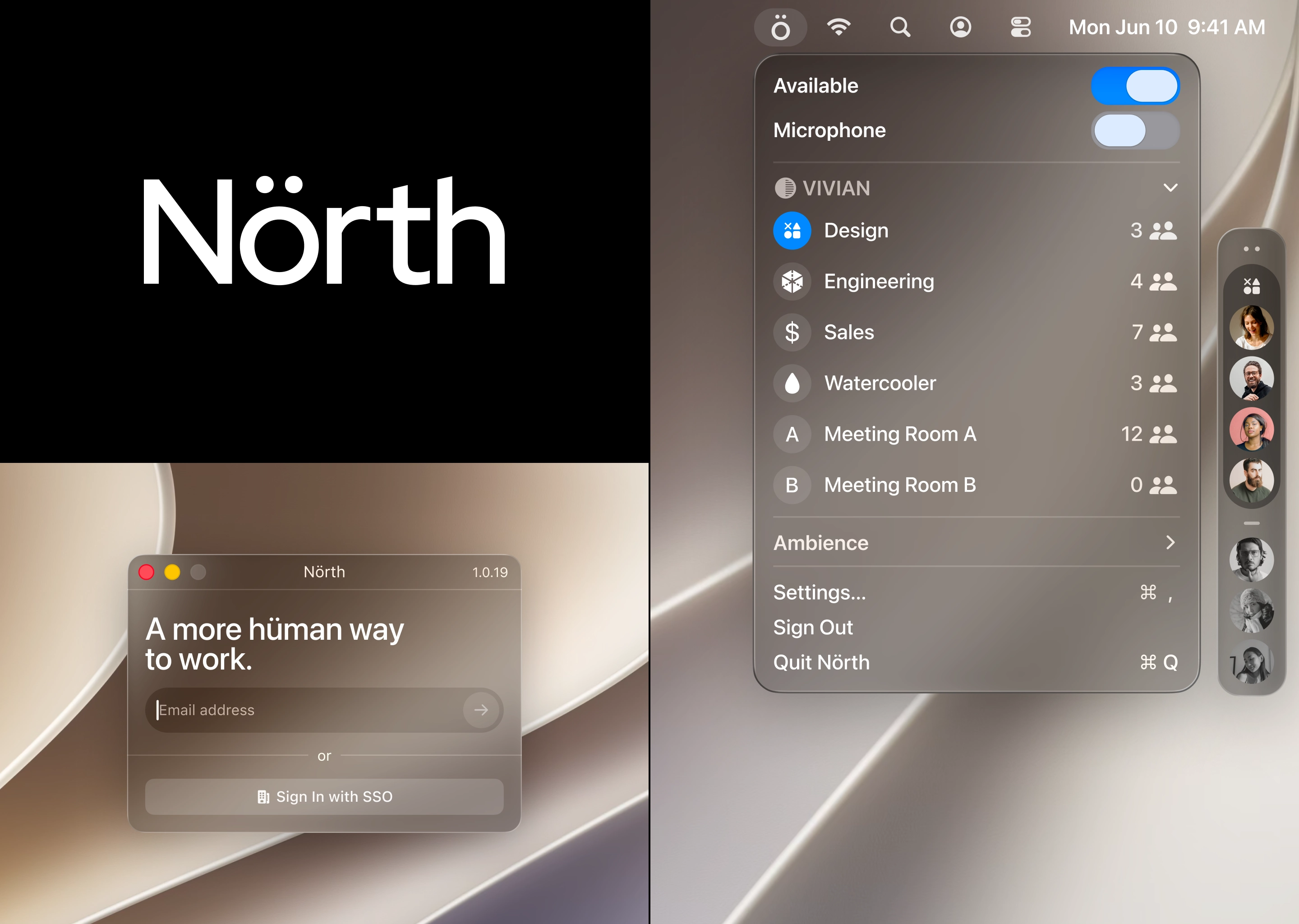 Nörth — a simple app for humane collaboration. Drop in/out voice rooms with spatial audio. A/V direct messaging (no text communication by design). Peer-to-peer-first. Native macOS app.