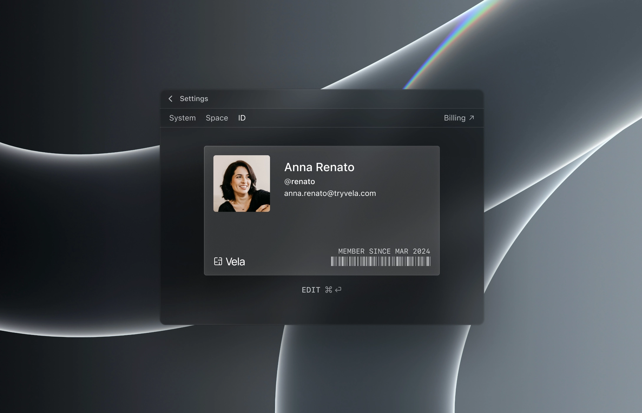 Identity settings stylized as an ID card